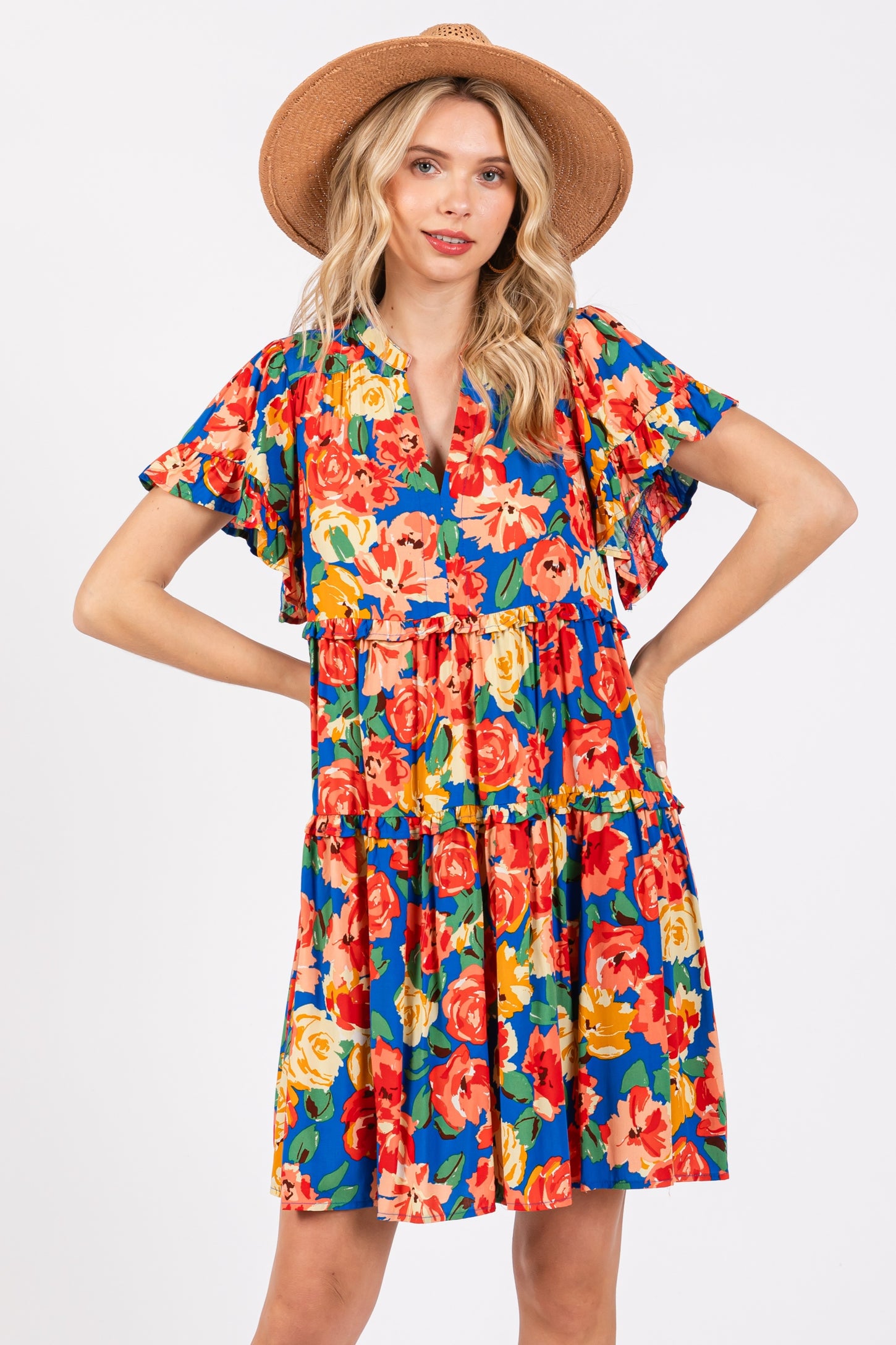 Blue Floral Ruffle Tiered V-Neck Dress