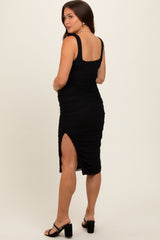 Black Mesh Knit Ruched Maternity Midi Dress