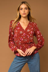 Burgundy Floral Long Sleeve V Neck Blouse