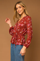 Burgundy Floral Long Sleeve V Neck Blouse