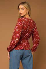 Burgundy Floral Long Sleeve V Neck Blouse