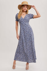 Blue Floral Puff Sleeve V Neck Maxi Dress