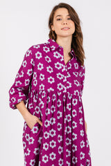 Purple Floral 3/4 Sleeve Collared Maxi Dress