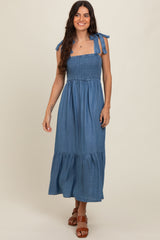 Blue Chambray Smocked Square Neck Shoulder Tie Midi Dress