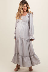 Grey Button Pleated Front Square Neck Ruffle Tiered Maternity Maxi Dress