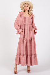 Mauve Button Pleated Front Square Neck Ruffle Tiered Maxi Dress