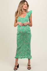 Green Floral Smocked Flutter Cup Sleeve Maternity Dress