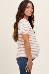 Grey Striped Textured Puff Sleeve Maternity Top