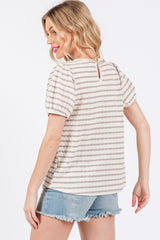 Grey Striped Textured Puff Sleeve Top