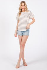 Grey Striped Textured Puff Sleeve Top