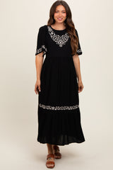 Black Embroidered V-Back Ruffle Maternity Midi Dress