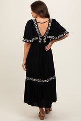 Black Embroidered V-Back Ruffle Maternity Midi Dress