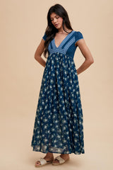 Navy Blue Floral Lace V-Neck Maxi Dress