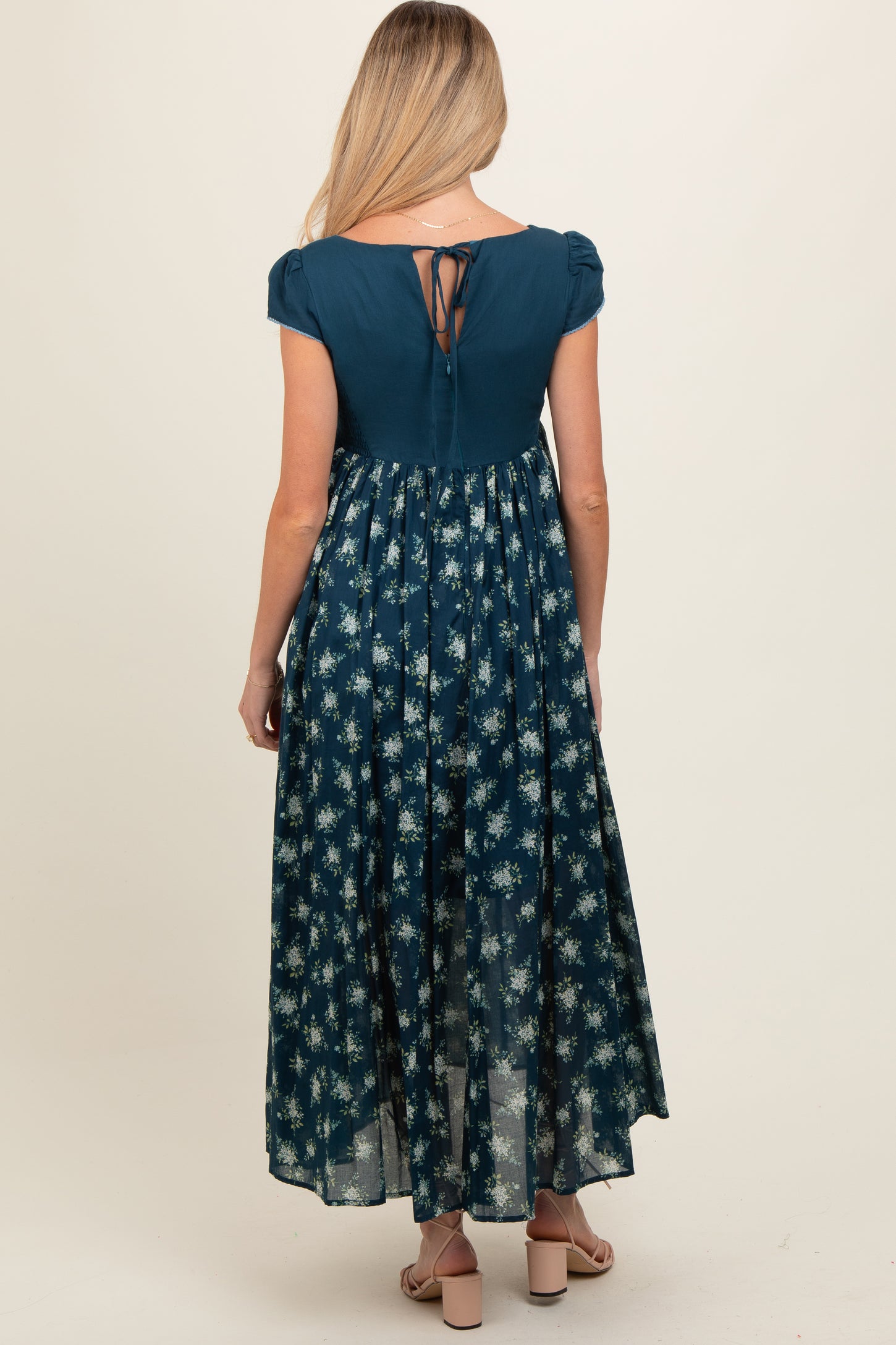 Navy Blue Floral Lace V-Neck Maternity Maxi Dress