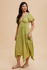 Light Olive Deep V-Neck Puff Short Sleeve Asymmetrical Hem Midi Dress