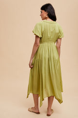Light Olive Deep V-Neck Puff Short Sleeve Asymmetrical Hem Midi Dress