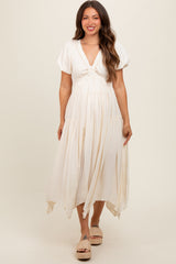 Cream Deep V-Neck Puff Short Sleeve Asymmetrical Hem Maternity Midi Dress