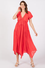 Red Deep V-Neck Puff Short Sleeve Asymmetrical Hem Maternity Midi Dress