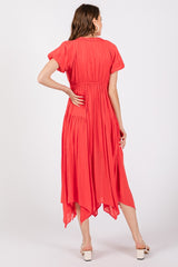 Red Deep V-Neck Puff Short Sleeve Asymmetrical Hem Midi Dress