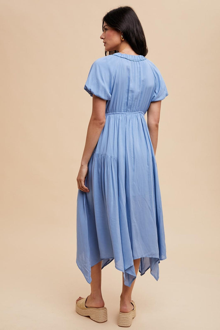 Blue Deep V-Neck Puff Short Sleeve Asymmetrical Hem Midi Dress