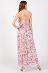 Pink Floral Mesh Sleeveless Maxi Dress