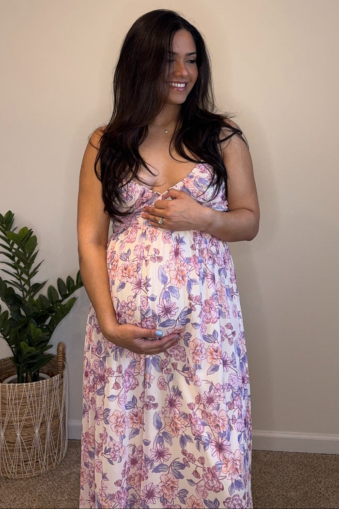 Pink Floral Mesh Sleeveless Maternity Maxi Dress