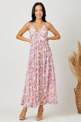 Pink Floral Mesh Sleeveless Maternity Maxi Dress