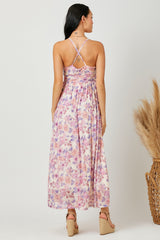 Pink Floral Mesh Sleeveless Maxi Dress