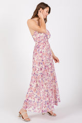 Pink Floral Mesh Sleeveless Maxi Dress