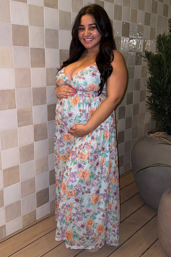 Light Blue Floral Mesh Sleeveless Maternity Maxi Dress