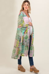 Green Floral Paisley Metallic Striped Tie Front Maternity Cover Up