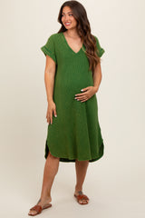 Green Waffle Knit Short Sleeve Maternity Dress