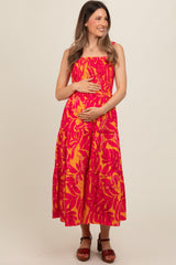 Coral Tropical Smocked Ruffle Tiered Maternity Midi Dress