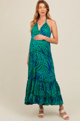 Green Leaf Print Halter Maternity Maxi Dress