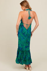 Green Leaf Print Halter Maternity Maxi Dress