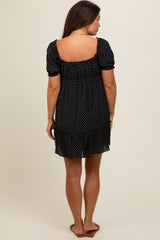 Black Polka Dot Puff Sleeve Tie Front Maternity Dress