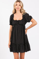 Black Polka Dot Puff Sleeve Tie Front Maternity Dress