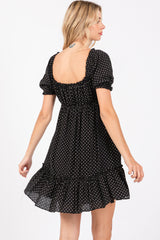 Black Polka Dot Puff Sleeve Tie Front Dress