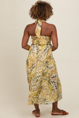 Light Yellow Tropical Halter Maxi Dress