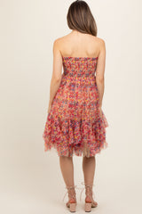 Pink Floral Sleeveless Smocked Ruffle Hem Maternity Dress