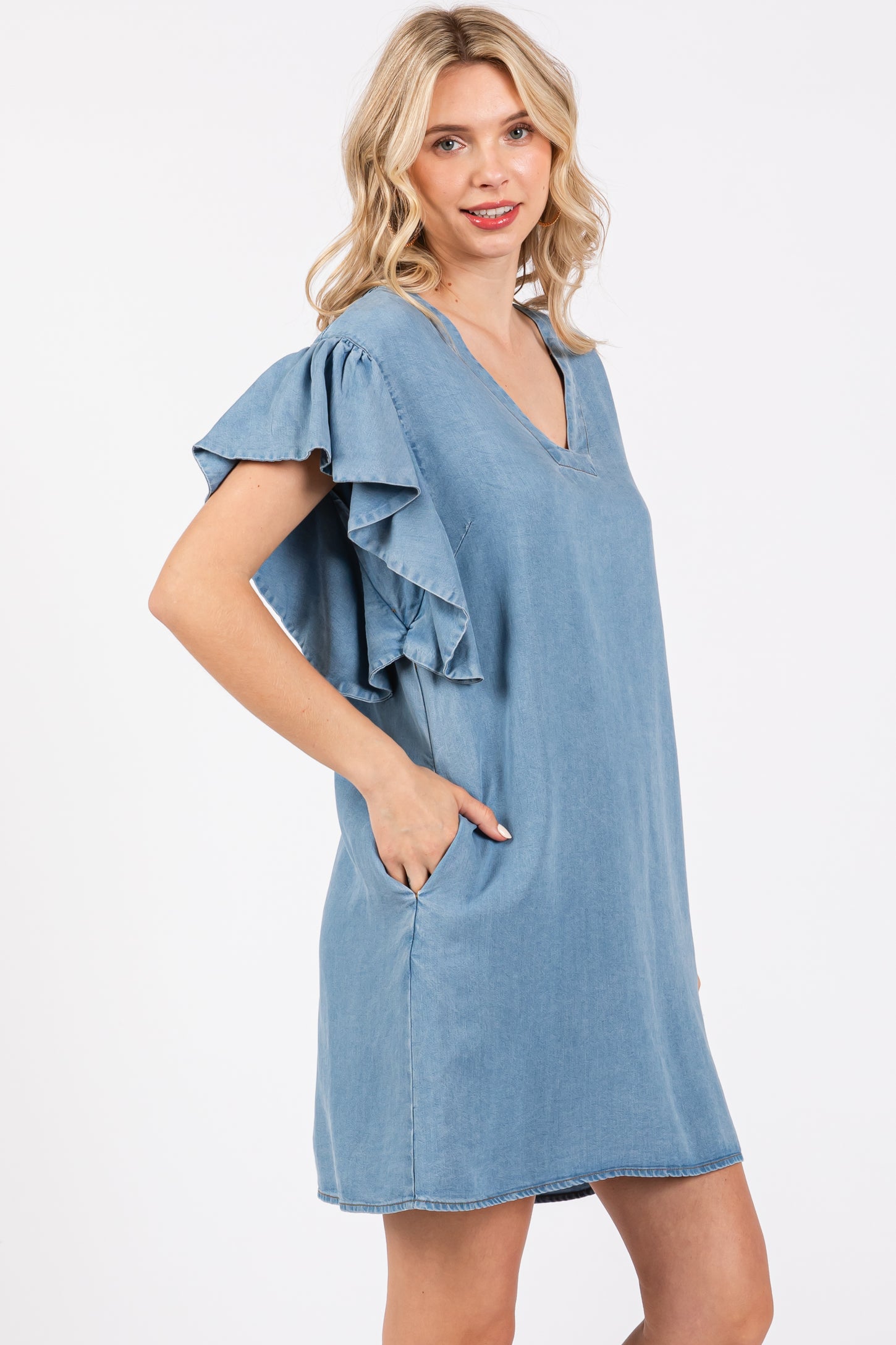 Blue Ruffle Sleeve Mini Dress