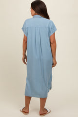 Light Blue Chambray Button Down Maternity Midi Dress