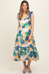 Blue Floral Shoulder Strap Maternity Midi Dress