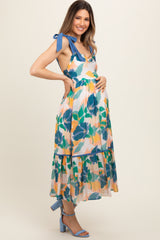 Blue Floral Shoulder Strap Maternity Midi Dress