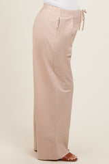 Beige Pleated Drawstring Waist Maternity Pants