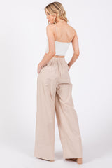 Beige Pleated Drawstring Waist Pants