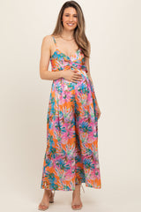 Orange Floral Front Twist Maternity Jumpsuit