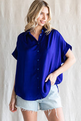 Royal Satin Button Front Collared Short Sleeve Maternity Top