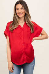 Red Satin Button Front Collared Short Sleeve Maternity Top