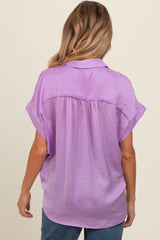 Purple Satin Button Front Collared Short Sleeve Maternity Top